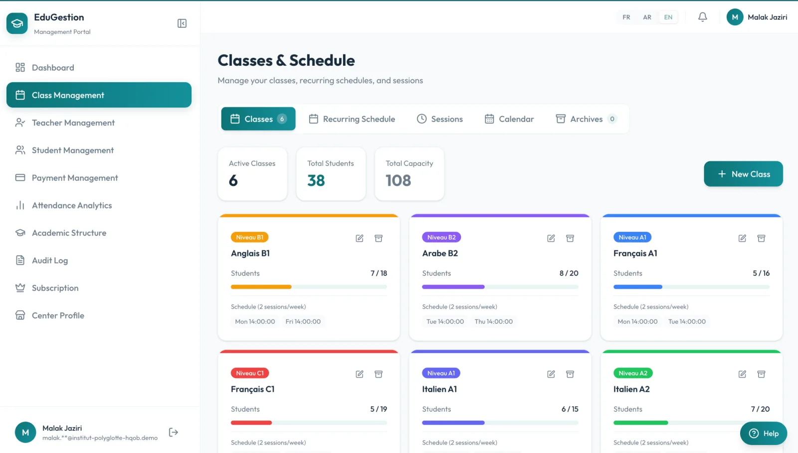 Classes & schedule — recurring sessions, capacity, and calendar